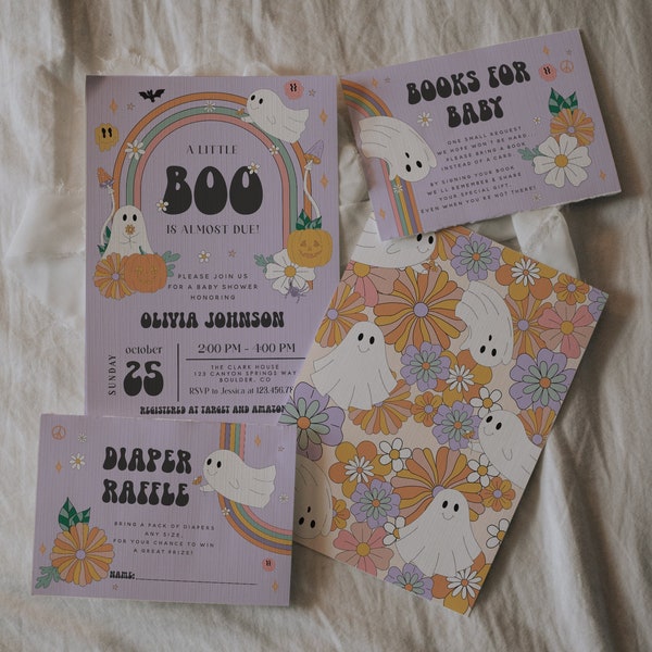 Conjunto de invitación editable para baby shower de Halloween, paquete de invitación para baby shower de Little Boo, ambiente de los años 70 de arcoíris hippie espeluznante, fantasma lindo imprimible 188