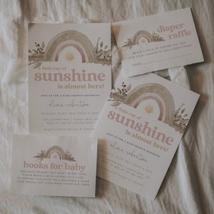 Rainbow Baby Shower Invitation Package, boho baby shower invitation template set, A Little Ray of Sunshine digital download, oh baby, 80