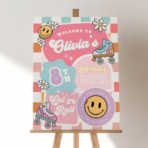 Let&#39;s Roll Roller Skate Birthday Welcome Sign Template, Skating Birthday Welcome Daisy Retro Roller, Rainbow, Girl Birthday Skate Party Ava