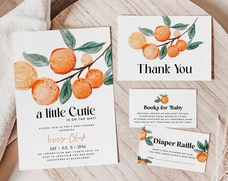 NORA A Little Cutie is on the Way Clementine Set Orange Gender Neutral Baby Shower Invitation Citrus Baby Instant Download