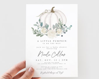 A Little Pumpkin is on The Way, Fall Baby Shower Invitation, Greenery Pumpkin,Boy Baby Shower invitation, template, 149