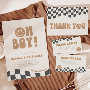 Sjabloon uitnodiging babyshower geruite jongen, bewerkbare babyshowerset, Oh Boy babyshoweruitnodiging afdrukbaar, Evite DIY