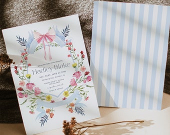 Grandmillennial Baby Shower Invitation, Fairytale Watercolor Floral Girl Baby Shower Invite Editable Download Evite Canva Template