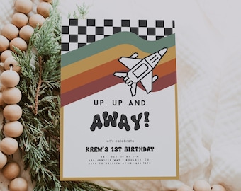Up Up and Away Birthday Invitation Template, Retro Jet Plane Invite, Airplane Invitation, Aviation, Editable Template, Instant Download 2F