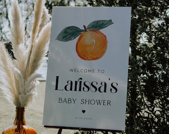 NORA Little Cutie Baby Shower Welcome Sign Template, Orange Baby Shower Welcome Sign, Citrus Baby Shower Sign Gender Neutral Clementine