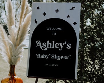 Retro Baby Shower Welcome Sign Template, Groovy Baby Shower Printable, Groovy Vibe Gender Neutral, Instant Editable Template