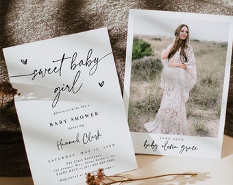 Sweet Baby Girl Shower Invitation Template, Photo Baby Shower Invitation, Modern Minimal Baby Shower Invite with Picture, 707