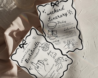 May include: Black and white illustrated invitation for a bachelorette weekend in Palm Springs, California. The invitation features a disco ball, a cherub, a hand with a ring, and the text "Veronica's Bachelorette Weekend" and "A Toast to Forever".