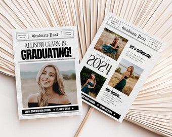 Può includere: Un annuncio di laurea in stile giornale con una foto di una giovane donna e il testo "Allison Clark is Graduating!"  Classe del 2024. South Boulder High School.