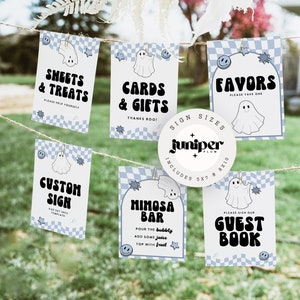 Editable Blue A Little Boo Baby Shower Signs Template, Boy Halloween Baby Shower, Checkered Smile Retro Ghost Halloween Favors Guestbook