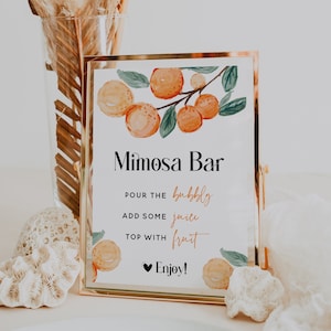 NORA Mimosa Bar Baby Shower Sing | Little Cutie Baby Shower Mimosa Sign | Mimosa Juice Labels Mimosa Juice Tags Clementine Editable Template