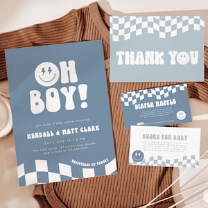 Sjabloon uitnodiging babyshower geruite jongen blauw, bewerkbare babyshowerset, Oh Boy babyshower uitnodiging afdrukbaar, Evite DIY