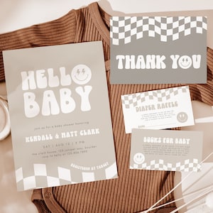 Kariert GENDER NEUTRAL Babypartyeinladung Vorlage, bearbeitbares Babypartyeinladung, Hallo Babypartyeinladung druckbar, Evite DIY