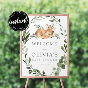 Woodland Deer Baby Shower Welcome Sign, Welcome sign, baby shower sign, Deer Baby Shower, Greenery baby shower, Printable sign, AS-59