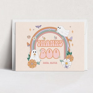 Carte de remerciement modifiable rétro fantasmagorique, baby shower de Little Boo, fantasmagorique hippie arc-en-ciel des années 70 ambiance fantôme mignon imprimable 188