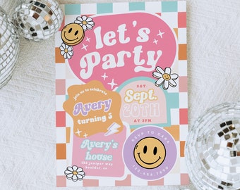 Editable Checkered Smile Face Birthday invite, Groovy Retro birthday, emoji invitation, Teen Party, Tween Birthday, Any Age Girl Birthday67