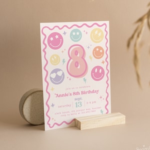 Editable Smile Face 8th Birthday Invitation, Smile Face Birthday, Tween Birthday Invite, Girl Eighth Birthday Retro Instant Download