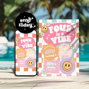 Editable FOUR is a Vibe Checkered Smile Face Birthday invite, Groovy Retro Fourth birthday, emoji invitation, Girl 4th Birthday 67
