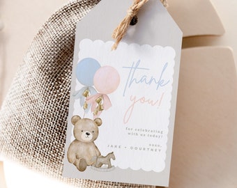 May include: A thank you tag featuring a watercolour illustration of a teddy bear holding balloons and riding a rocking horse. The tag is tied to a hessian bag. The text on the tag reads "thank you! for celebrating with us today! love, jake & courtney"