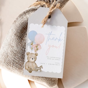 Teddybär Gender Reveal Favor Tag bearbeitbare Vorlage, Vintage Toy Gender Reveal Dankeschön-Tag, Er oder Sie, Junge oder Mädchen, Canva-Vorlage