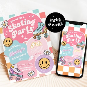 Invitación de cumpleaños de patinaje, invitación de cumpleaños con cara sonriente a cuadros, invitación de emoji de cumpleaños retro genial, cumpleaños de preadolescentes, cumpleaños de niña de cualquier edad