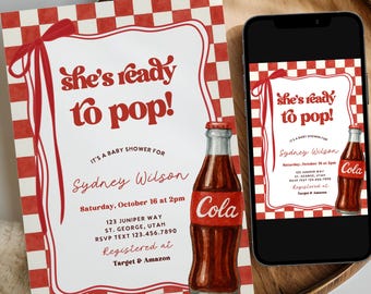 Ready to POP Baby Shower Invitation Template, Editable She's Ready to Pop Baby Shower Invite, Soda Theme Baby Shower Trendy Red Bow 270