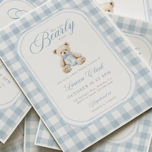 Teddy Bear Baby Shower Invitation Template | We Can Bearly Wait Invite | Blue Grandmillennial Boy Baby Shower Instant Download 255