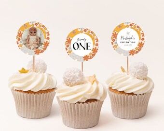 Groovy Cupcake Toppers Template, Groovy One Cupcake Topper, Retro Boho Floral Girl Birthday Printable, Editable Template, 189