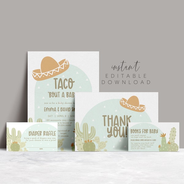 Taco Bout a Baby Shower Invitation Suite, EDITABLE Fiesta Baby Shower Bundle, Taco Baby Shower Set, Instant Download Template, 194