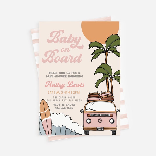 KOA Baby on Board Invitation, Surf Baby Shower Invite, Girl Baby Shower, Ocean Wave Baby, Editable Invitation Template, Instant