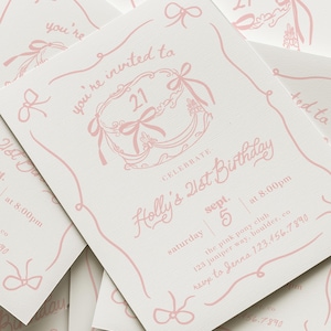 Girls 21st Birthday Invite, Coquette Pink Bow Birthday Invitation, Pink Party Girl 21st Birthday, Vintage Cake Retro Canva Template 218