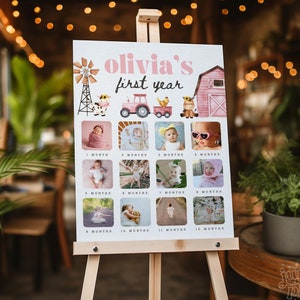 Foto de cumpleaños de granja, hito, foto de cumpleaños de niña, estadísticas, letrero, animales de granero, rancho de granero, girasol, plantilla editable, descarga instantánea