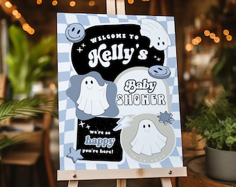 編集可能な青い「A Little Boo」ベビーシャワー ウェルカムサインテンプレート、男の子向けハロウィン ベビーシャワー、チェック柄の笑顔が素敵なレトロなゴーストハロウィン ベビーシャワー