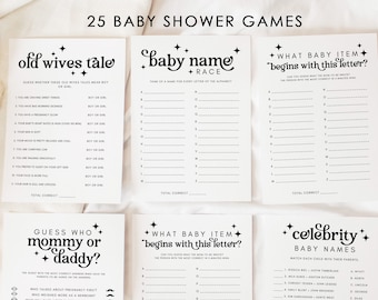 Minimalist Baby Shower Games Bundle, Baby Shower Game Package, Editable Modern Baby Shower Predictions Advice Baby Trivia late night diapers