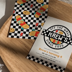 Skateboard Birthday Invitation, Boy Birthday Invite Skate Party Skateboard Retro Checker Smile Face Editable 4th birthday Invite Template