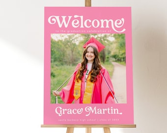 Hot Pink Graduation Party Welcome Sign Template, Graduation Welcome Poster, Graduation Party Decor, Instant Download Editable Canva 707