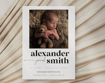 Birth Announcement Template | Photo Birth Announcement Card | Newborn Birth Announcement | Modern Minimalist | Instant Download 707