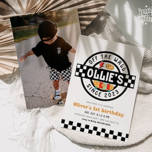 Skateboard Birthday Invitation, Boy Birthday Invite Skate Party Skateboard Retro Checker Smile Face Editable First birthday Invite Template