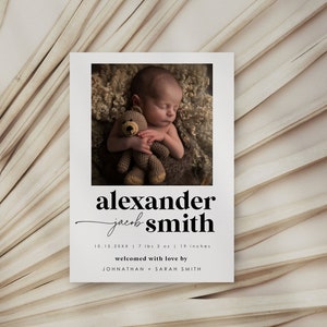 Plantilla de anuncio de nacimiento / Tarjeta de anuncio de nacimiento con foto / Anuncio de nacimiento de recién nacido / Minimalista moderno / Descarga instantánea 707