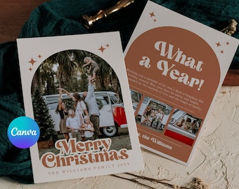 BOHO Retro Christmas Card Template Canva Arch Christmas Card | Terracotta Holiday Card Retro Christmas Card | Merry Christmas Editable