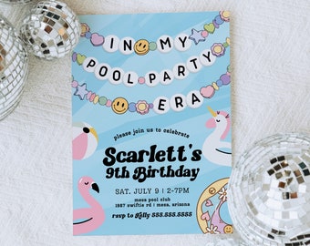 May include: A blue and white invitation with a unicorn and flamingo illustration. The text reads "In My Pool Party Era" and "Scarlett's 9th Birthday". The invitation includes the date, time, and location of the party.