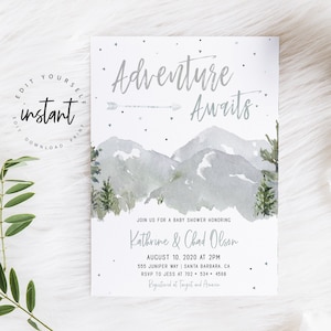 Editable Mountain Baby Shower Invitation Adventure Awaits Invitation Gender Neutral Boy Baby Shower, baby shower invitation template, 92