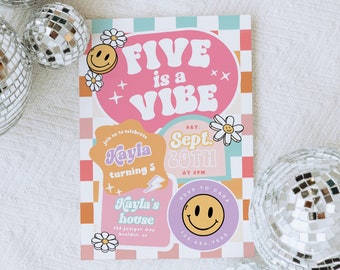 Editable FIVE is a Vibe Checkered Smile Face Birthday invite, Groovy Retro birthday emoji invitation Tween Birthday Any Age Girl Birthday 67