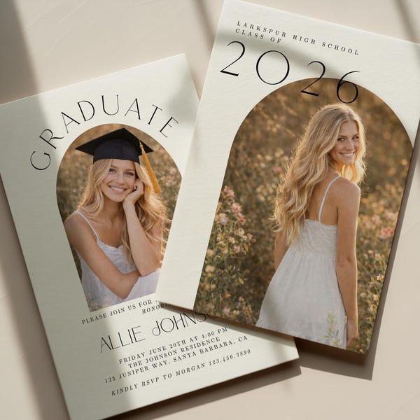 Modelo moderno de convite de formatura 5x7, cartão minimalista com foto, anúncio para formandos de 2026, convite editável para festa de formatura.