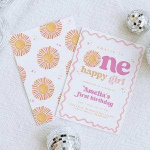 Editable Boho Sun First Birthday Invitation, One Happy Girl Retro 1st Birthday Party Invite, Instant Download, Canva Template