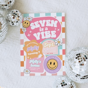 Editable SEVEN is a Vibe Checkered Smile Face Birthday invite, Groovy Retro birthday, emoji invitation Tween Birthday Any Age Girl Birthday