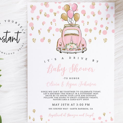 Drive by Baby Shower Invitation Template Blush Pink Floral Etsy