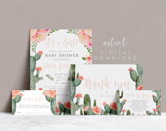 SUCCULENT BABY SHOWER Set Invitation Girl Pink Watercolor flowers baby shower invitation Package Cactus Fiesta Baby shower pink girl 100