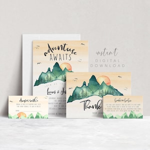 Baby Shower Invitation Set, Adventure Mountain Baby Shower Invitation, Adventure Awaits Invitation, Boy Baby Shower Editable template 66