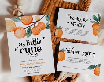 Retro Little Cutie Baby Shower Set, Editable A Little Cutie Is On The Way Invitation Cutie Book Request Diaper Raffle Canva Template Instant